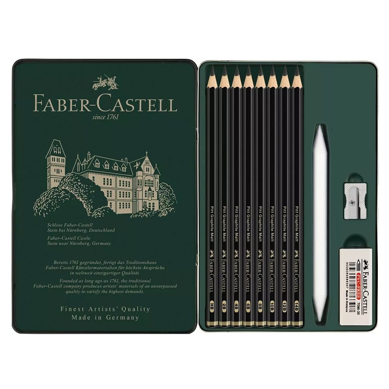 FABER-CASTELL grafitové tužky Pitt GRAPHITE MATT, 11ks v kovové krabičce