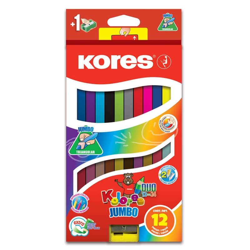 KORES oboustranné pastelky Kolores Jumbo Duo, 12ks + ořezávátko