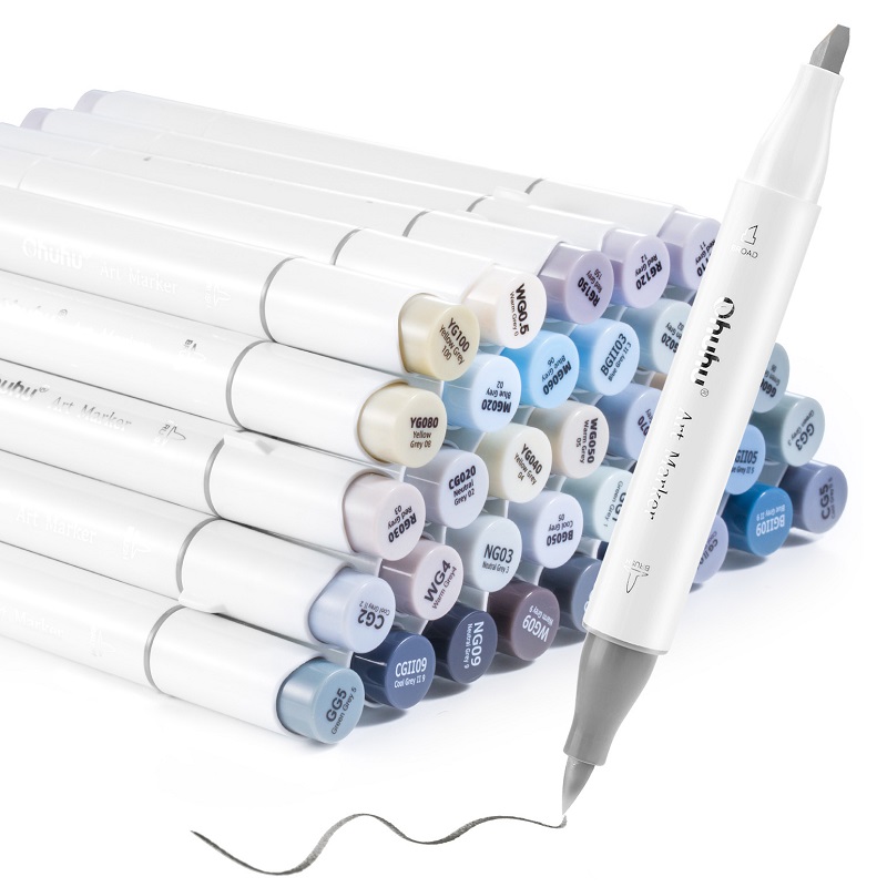 Lihové fixy OHUHU oboustranné Brush & Chisel, 36ks šedé + blender