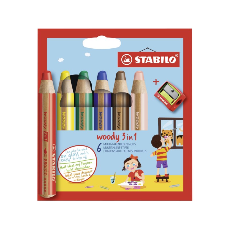 Pastelky STABILO woody 3in1, 6ks s ořezávátkem