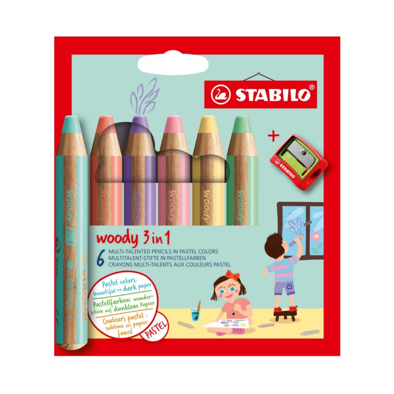 Pastelky STABILO woody 3in1, 6ks pastelové s ořezávátkem