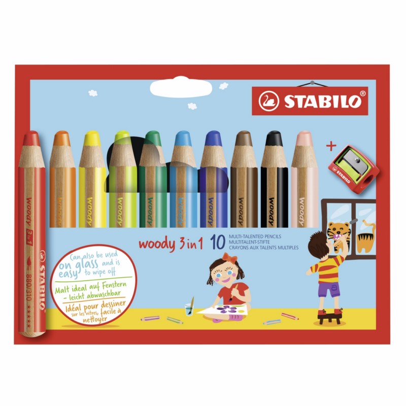 Pastelky STABILO woody 3in1, 10ks s ořezávátkem