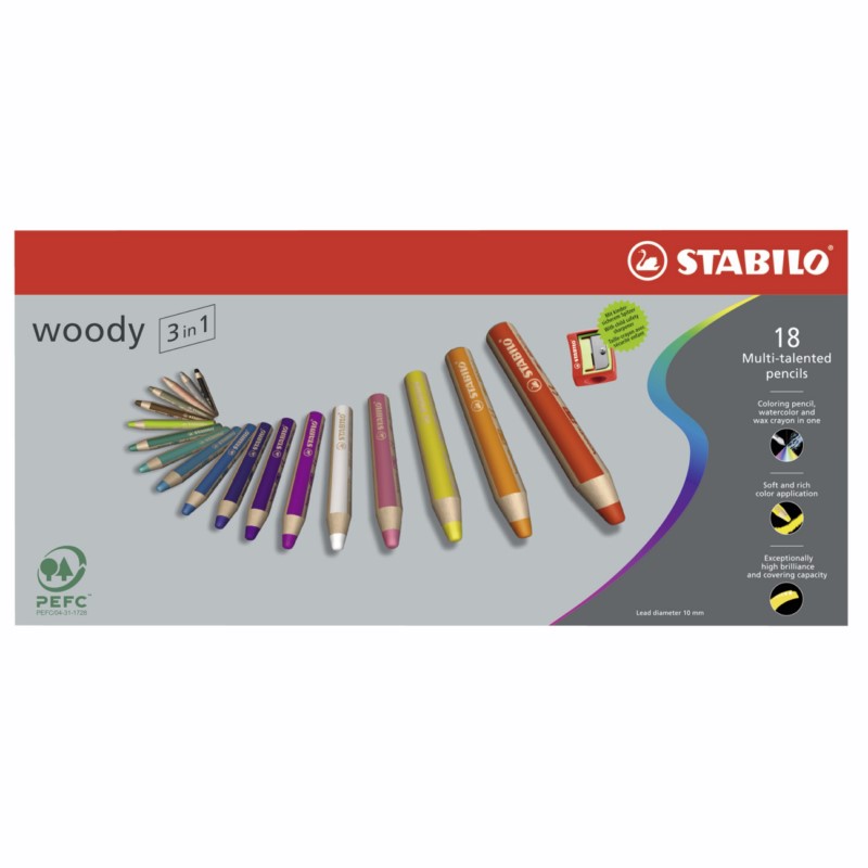 Pastelky STABILO woody 3in1, 18ks s ořezávátkem