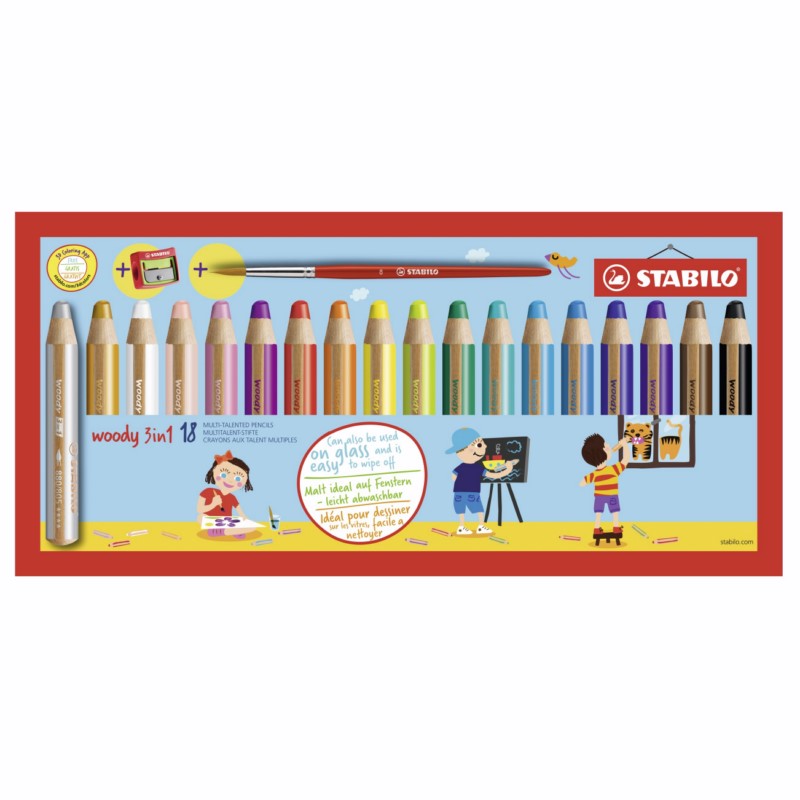 Pastelky STABILO woody 3in1, 18ks s příslušenstvím