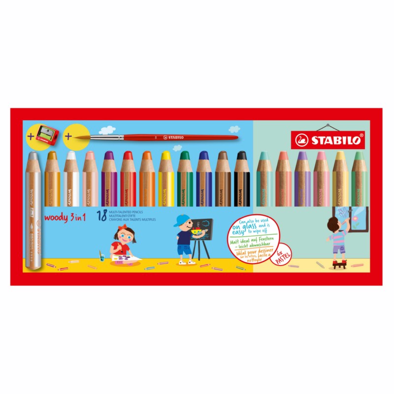Pastelky STABILO woody 3in1, 18ks pastelové s příslušenstvím
