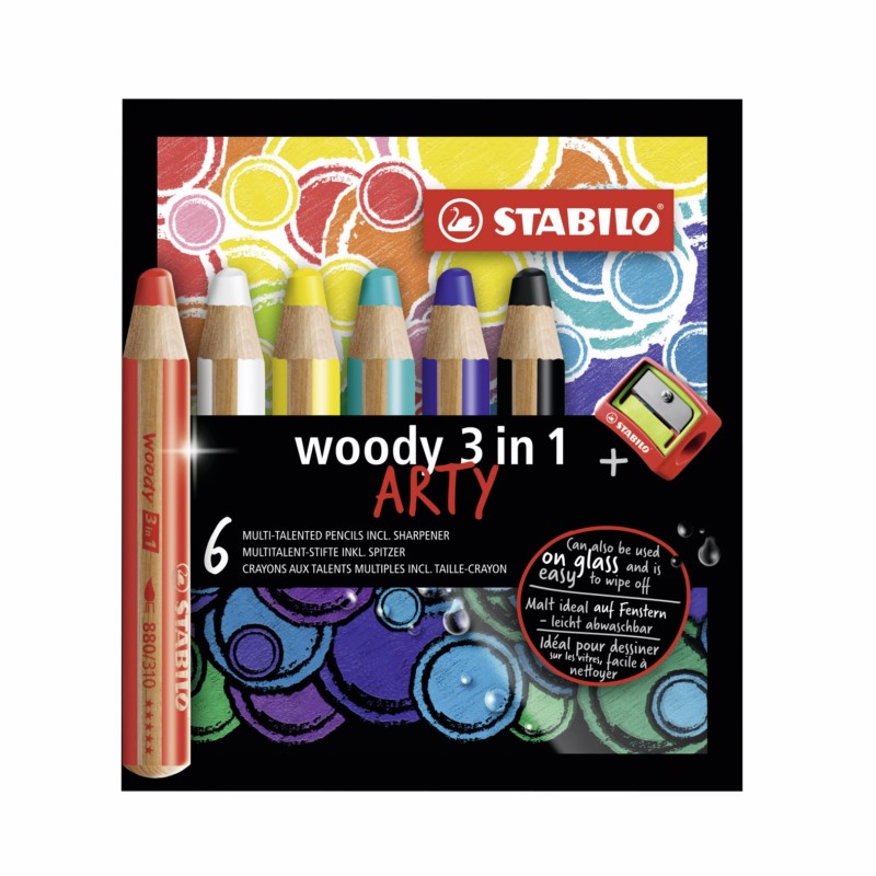 Pastelky STABILO woody 3in1, 6ks ARTY s ořezávátkem
