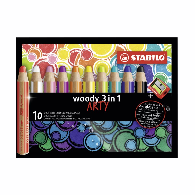Pastelky STABILO woody 3in1, 10ks ARTY s ořezávátkem