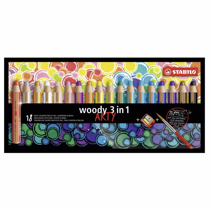 Pastelky STABILO woody 3in1, 18ks ARTY s příslušenstvím