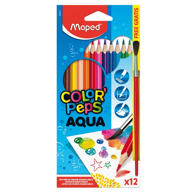 Pastelky akvarelové MAPED Color Peps aqua, 12ks + štětec