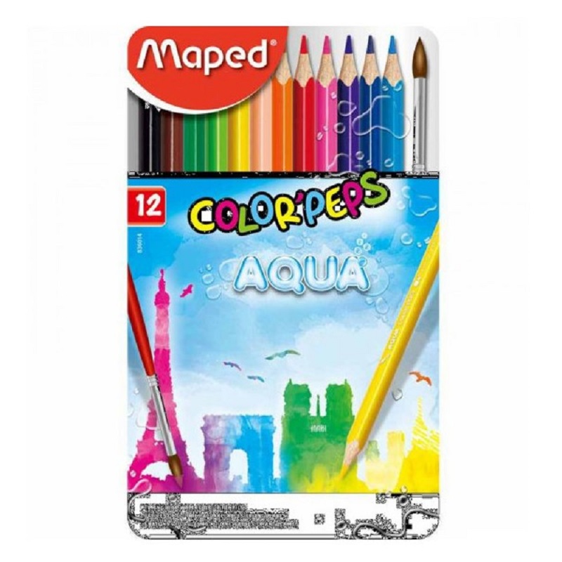 Pastelky akvarelové MAPED Color Peps aqua, 12ks + štětec v kovové krabičce