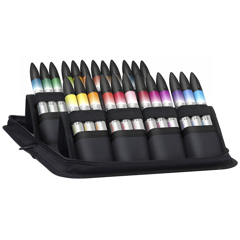 Akvarelové fixy WINSOR & NEWTON Promarker Brush & Fine, 24ks BASIC v penále
