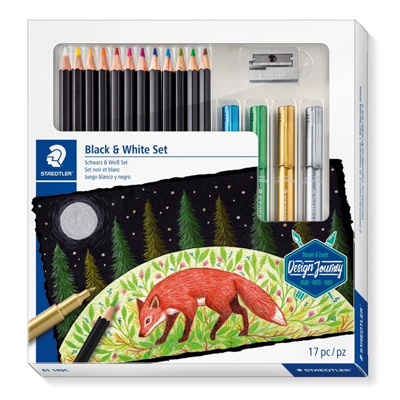 Pastelky STAEDTLER Design Journey Black and White, 12ks + 4 metalické popisovače + ořezávátko