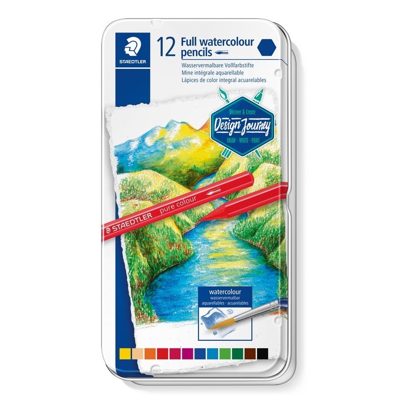 Pastelky celoakvarelové STAEDTLER Design Journey, 12ks v kovové krabičce