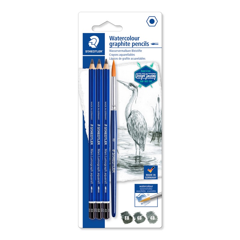 Grafitové tužky akvarelové STAEDTLER Design Journey, 3ks + štětec