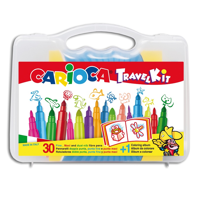 Fixy CARIOCA Travel Kit, 30ks v plastovém kufříku + omalovánky