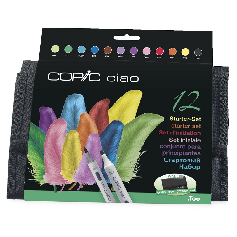 Lihové fixy COPIC Ciao oboustranné Brush & Chisel 12ks, Starter Set v penále