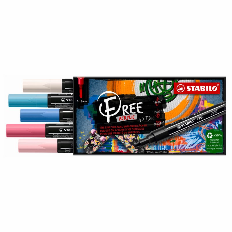 Akrylový popisovač STABILO Free T300 kulatý, 5ks Candy