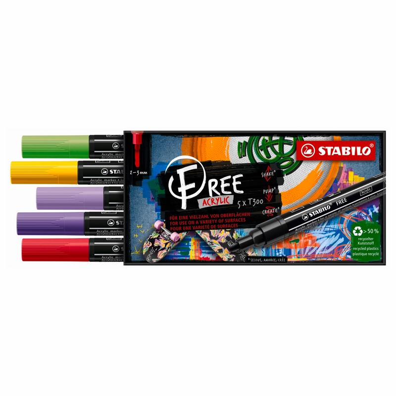 Akrylový popisovač STABILO Free T300 kulatý, 5ks Vibrant