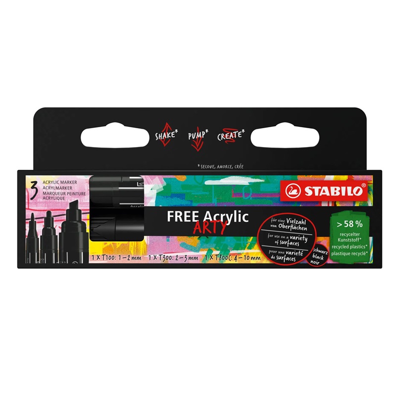 Akrylový popisovač STABILO Free T100, T300 a T800C, 3ks černé