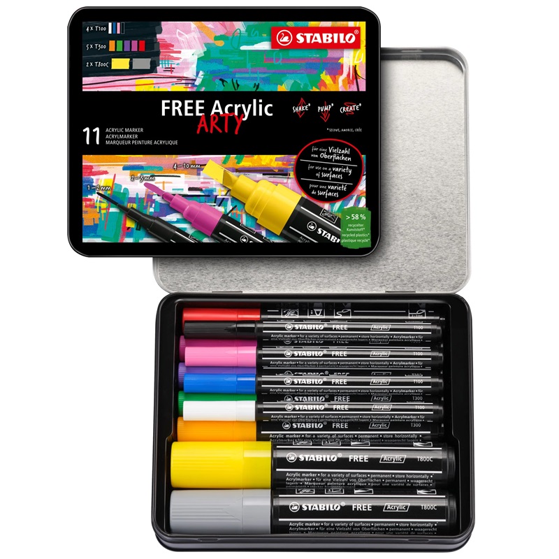 Akrylový popisovač STABILO Free Starter Set, 11ks v kovové krabičce