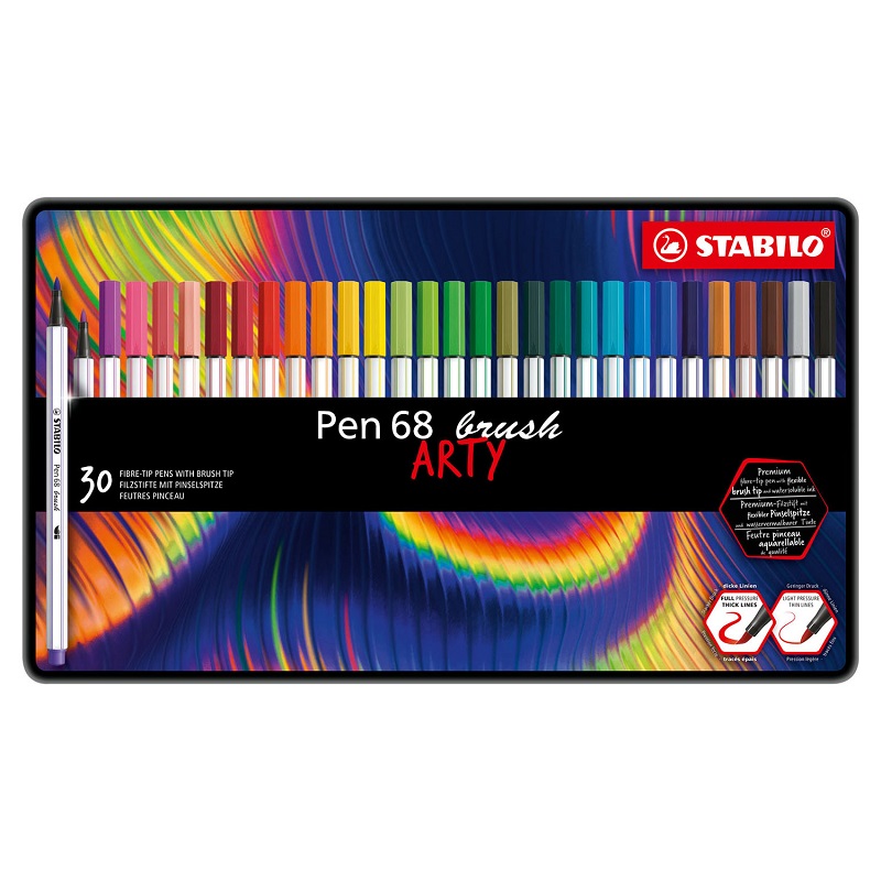 Fix STABILO Pen 68 brush, 30ks ARTY v kovové krabičce