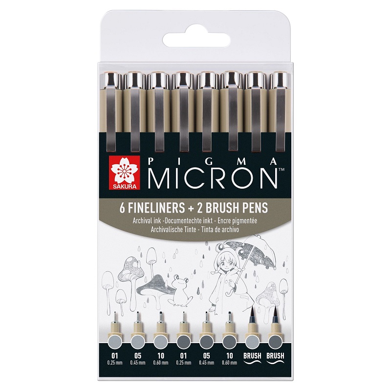 Sakura PIGMA MICRON, set 6+2ks GRAY