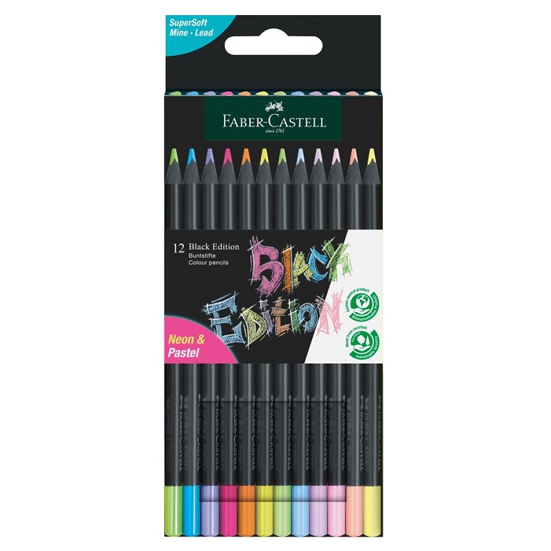 FABER-CASTELL černé pastelky BLACK EDITION, 12ks neonové a pastelové