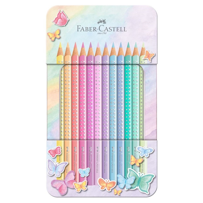 FABER-CASTELL třpytivé pastelky SPARKLE, 12ks pastelové v kovové krabičce