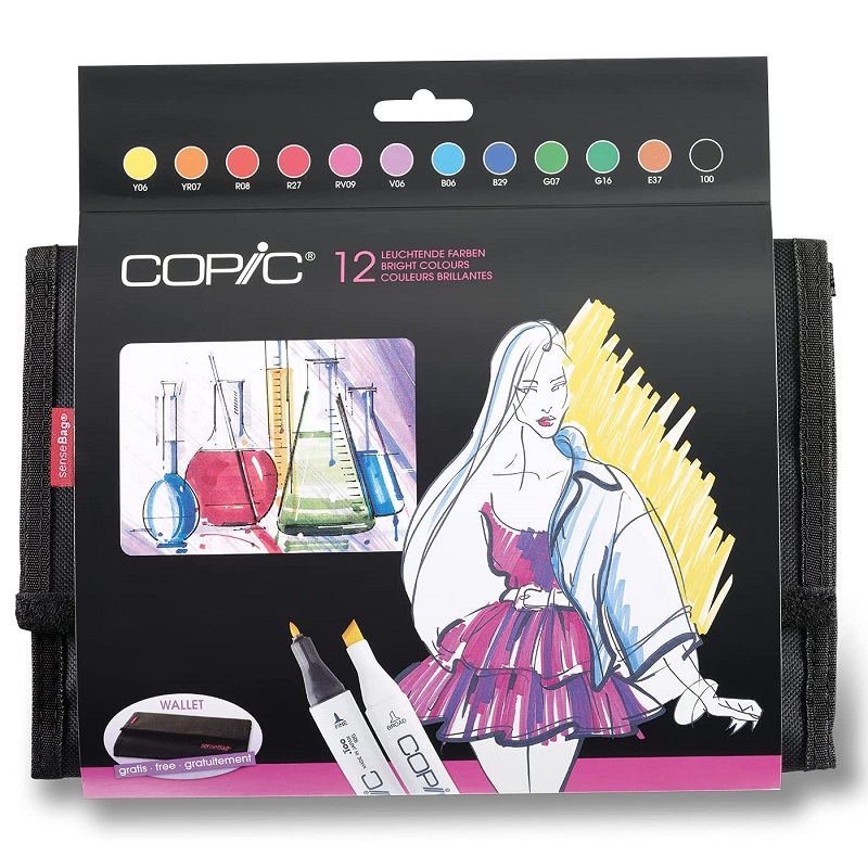 Lihové fixy COPIC Classic oboustranné Fine & Chisel 12ks, jasné tóny v penále
