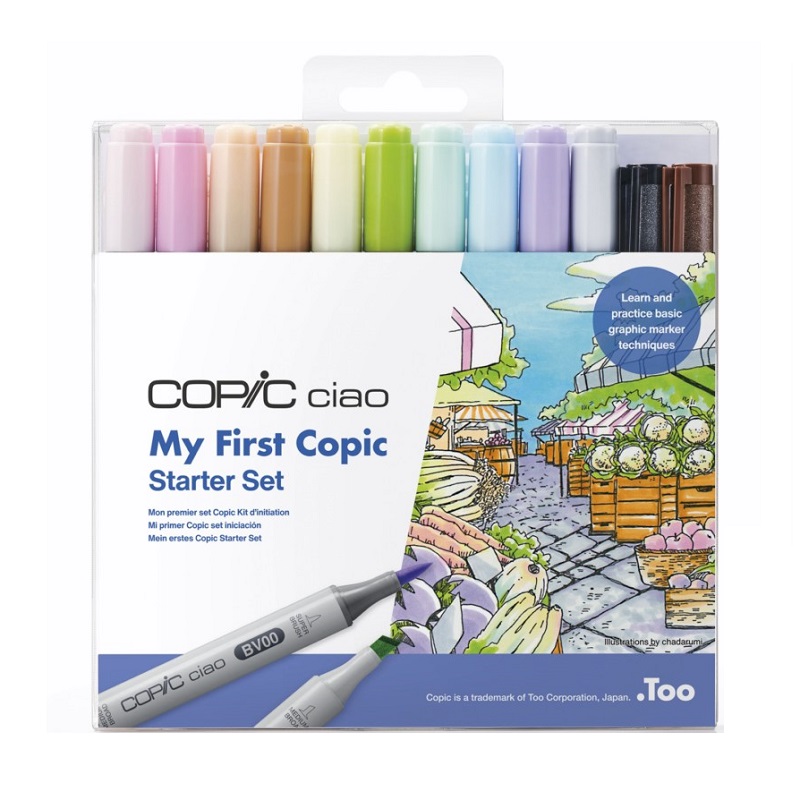 Lihové fixy COPIC Ciao oboustranné Brush & Chisel 10+2ks, Starter Set s příslušenstvím