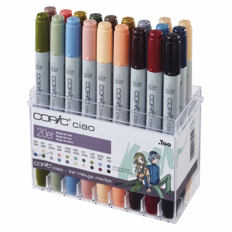 Lihové fixy COPIC Ciao oboustranné Brush & Chisel 20ks, tóny Manga Love