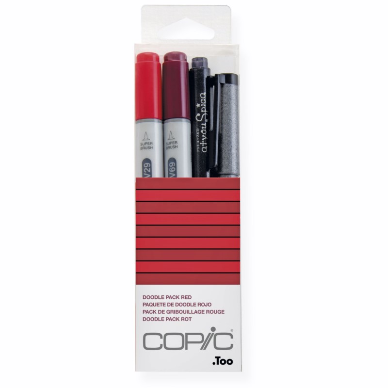 Lihové fixy COPIC Ciao oboustranné Brush & Chisel 2+2ks, Doodle Kit červený