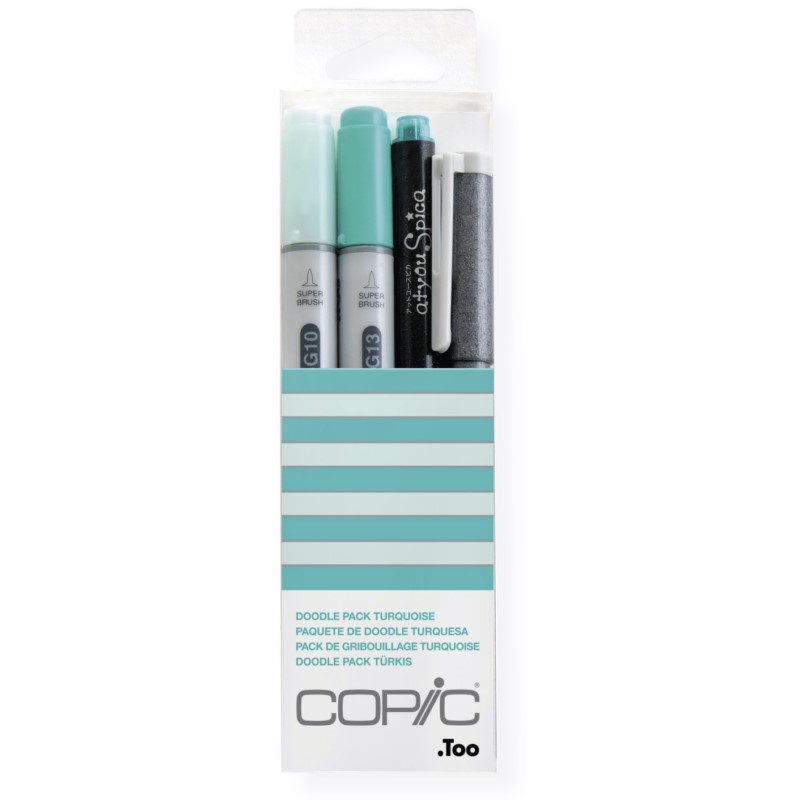 Lihové fixy COPIC Ciao oboustranné Brush & Chisel 2+2ks, Doodle Kit tyrkysový