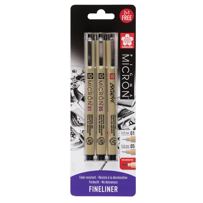 Sakura PIGMA MICRON, set 2+1ks Brush