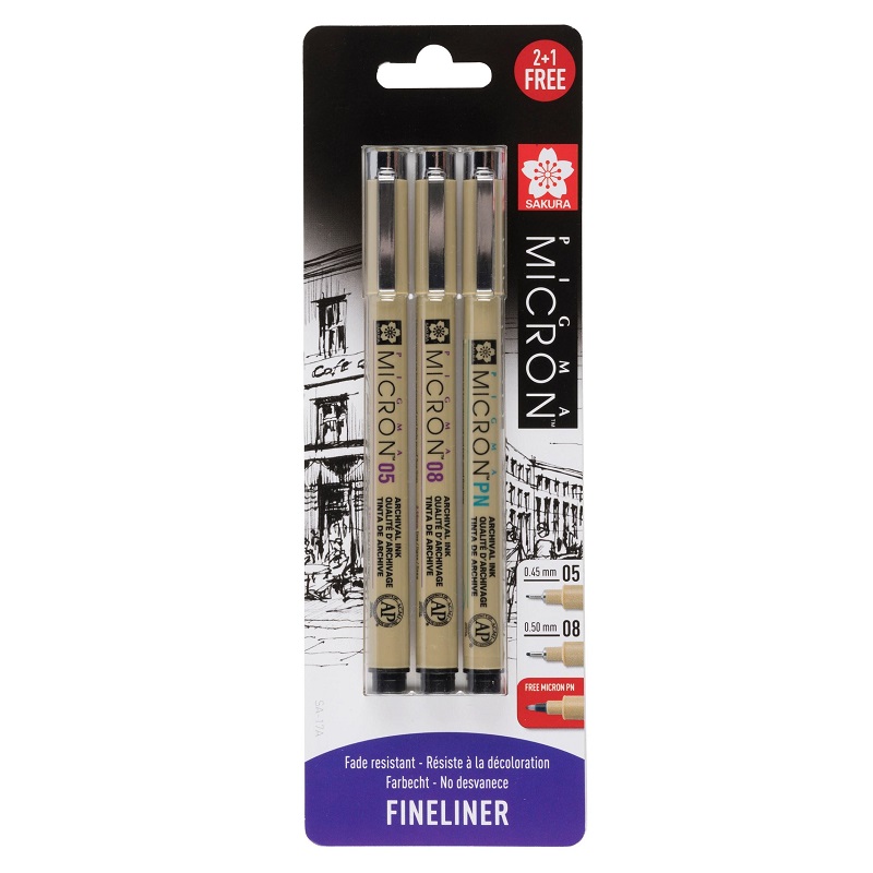 Sakura PIGMA MICRON, set 2+1ks "PN"