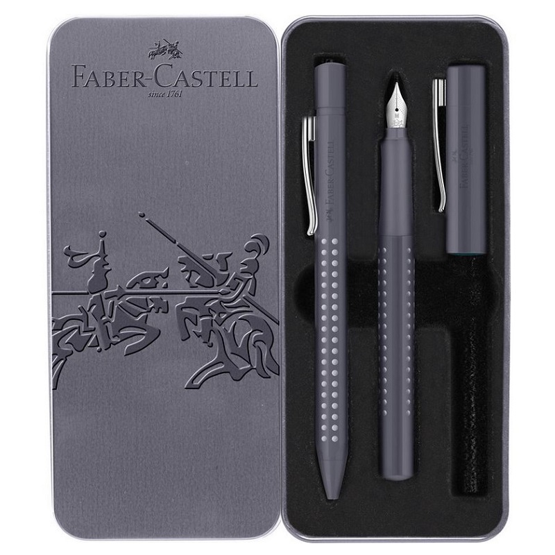 FABER-CASTELL plnící a kuličkové pero Grip "M", 2ks šedé v kovové krabičce