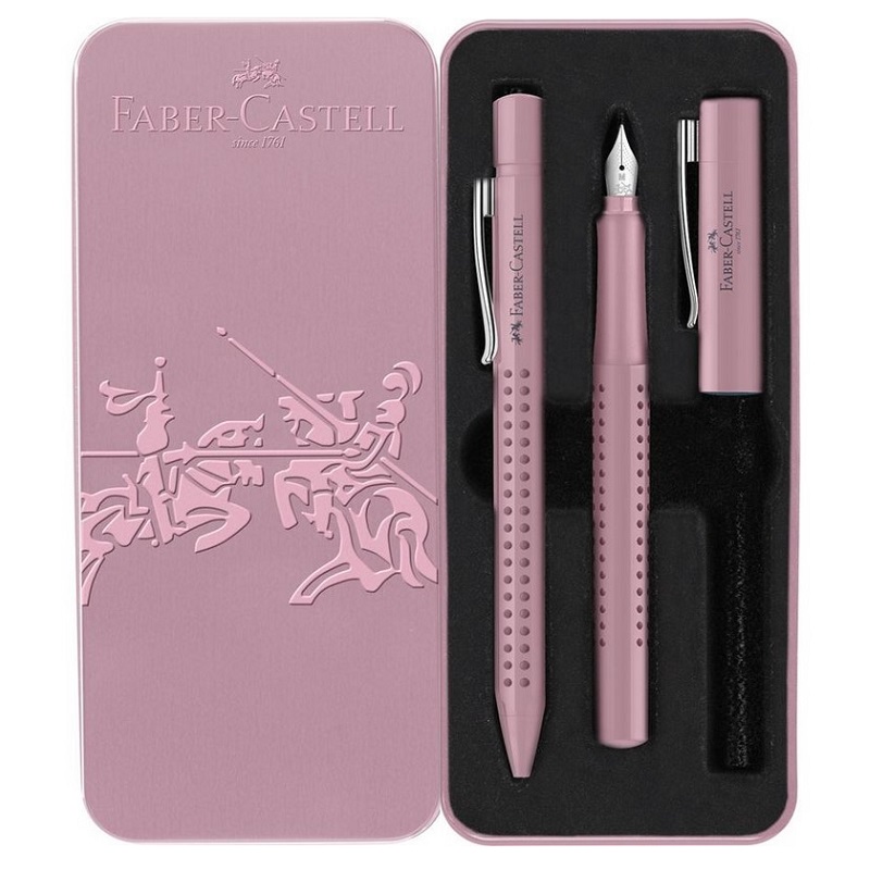 FABER-CASTELL plnící a kuličkové pero Grip "M", 2ks růžové v kovové krabičce