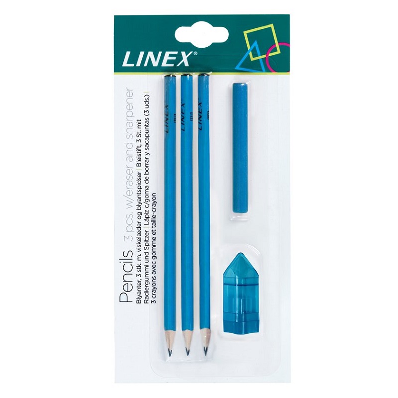 Grafitové tužky LINEX HB, 3ks modré + ořezávátko a guma