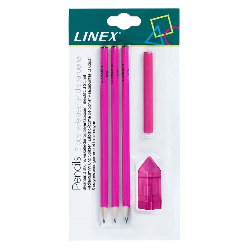 Grafitové tužky LINEX HB, 3ks růžové + ořezávátko a guma