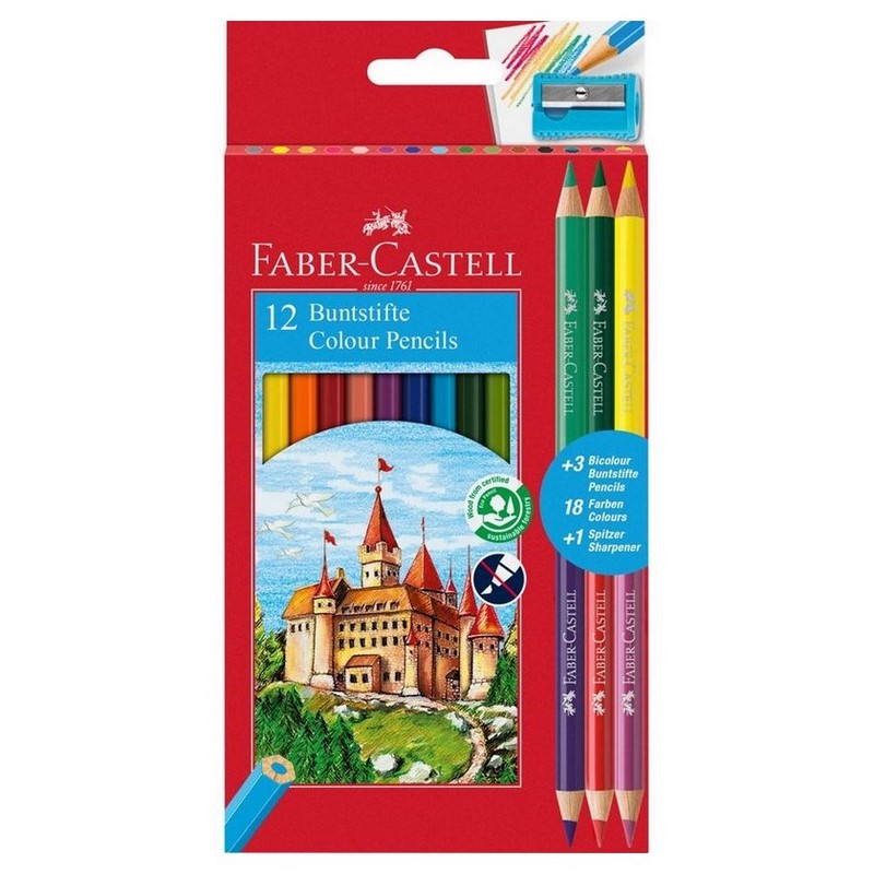FABER-CASTELL Školní pastelky FABER-CASTELL, 12ks + 3ks oboustranných s ořezávátkem