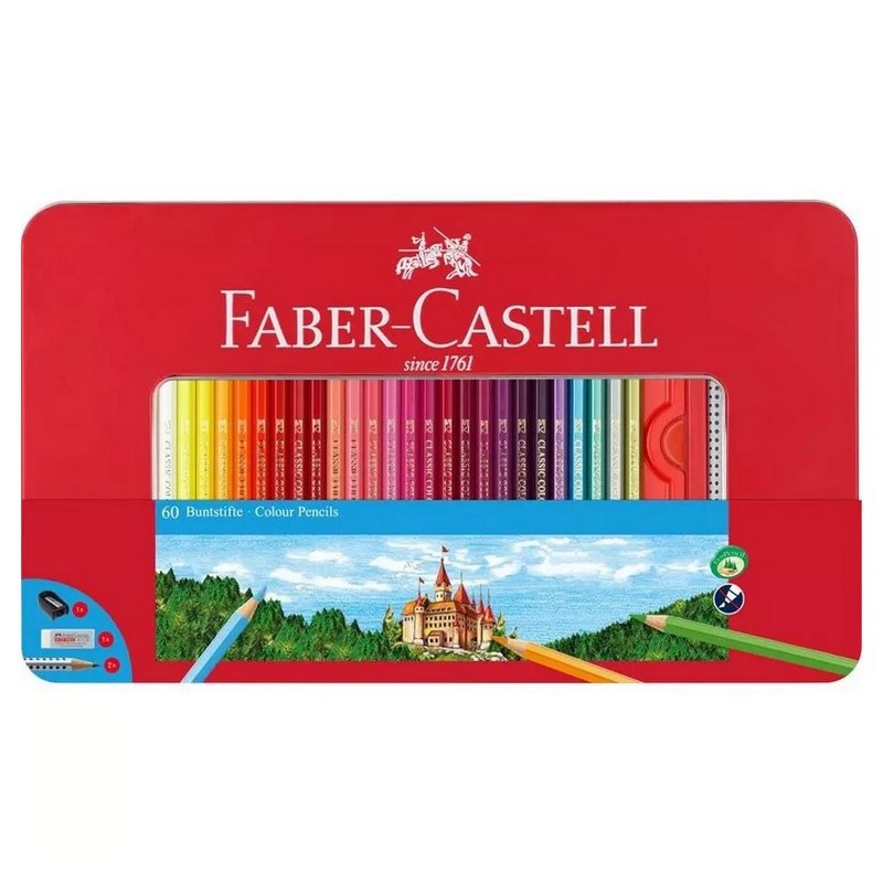 FABER-CASTELL Školní pastelky FABER-CASTELL, 60ks v kovové krabičce s příslušenstvím