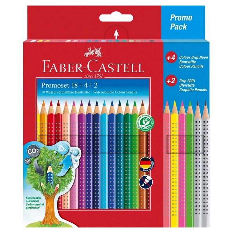 Školní akvarelové pastelky FABER-CASTELL Grip, 18ks + 4ks neonových a 2 tužky