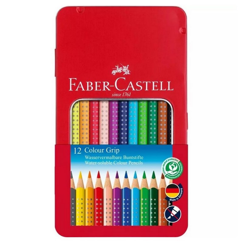 Školní akvarelové pastelky FABER-CASTELL Grip, 12ks v kovové krabičce