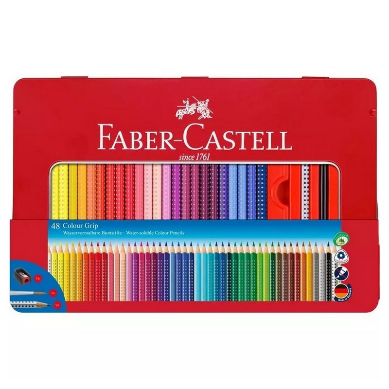 Školní akvarelové pastelky FABER-CASTELL Grip, 48ks v kovové krabičce s příslušenstvím