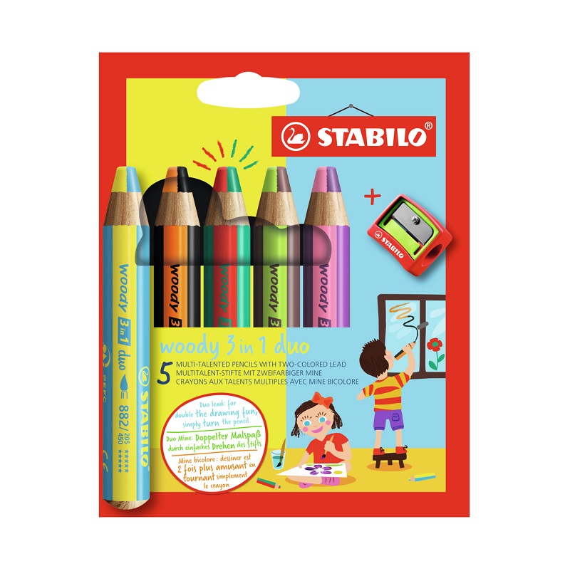 Pastelky STABILO woody 3in1 duo, 5ks s ořezávátkem