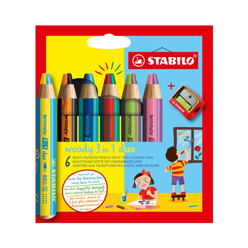 Pastelky STABILO woody 3in1 duo, 6ks s ořezávátkem