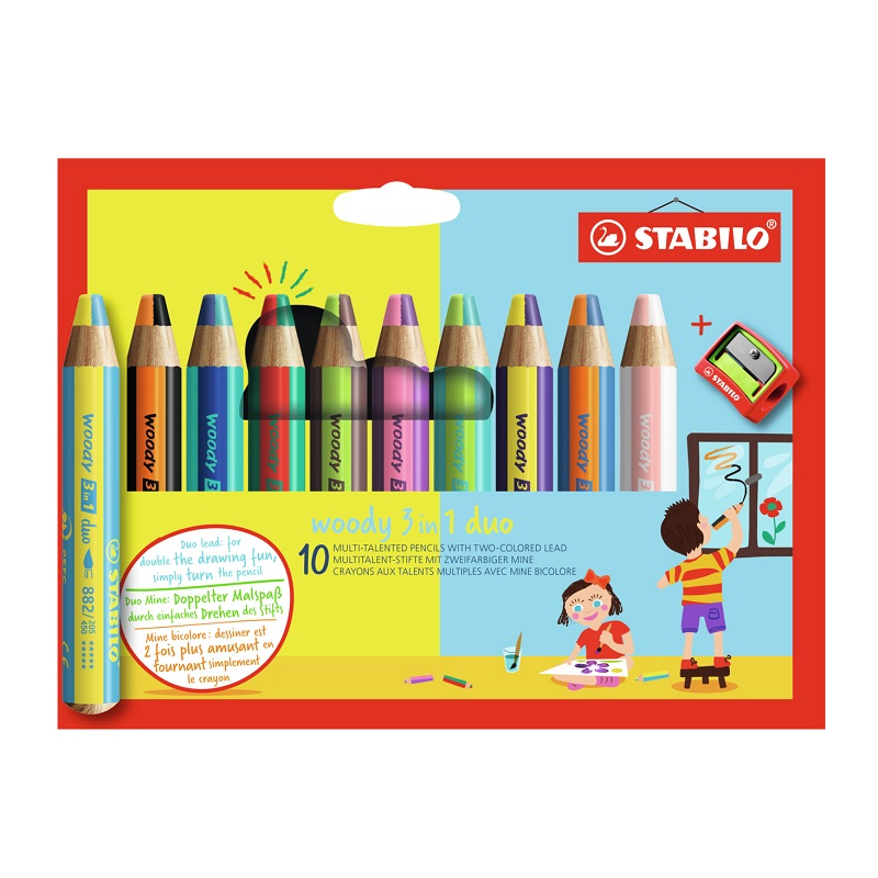 Pastelky STABILO woody 3in1 duo, 10ks s ořezávátkem