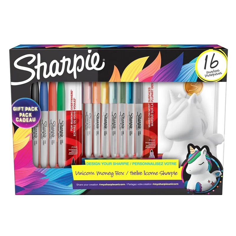 SHARPIE Fine Point, sada 16ks + kasička ve tvaru jednorožce