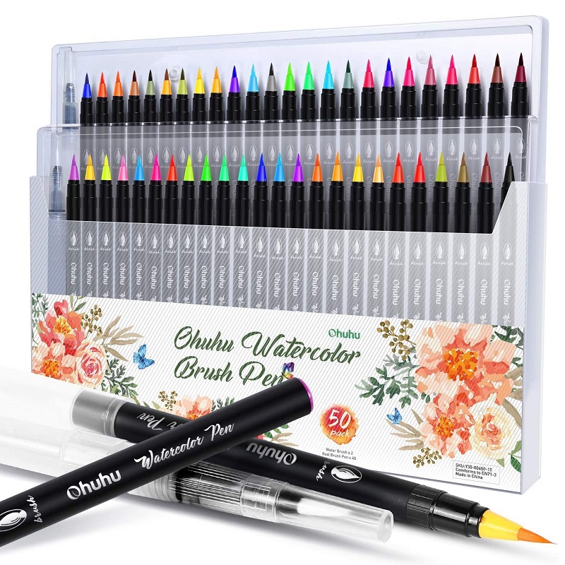 Akvarelové fixy OHUHU Watercolor Brush Pen, 48ks + 2 vodní štětce