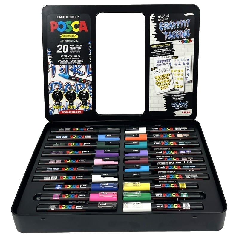 Akrylové fixy UNI POSCA Graffiti Tagging, 20 ks v kovové krabičce